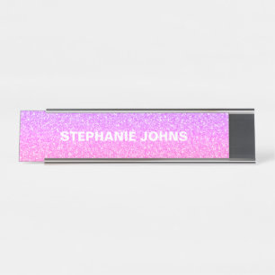 Glittery Pink White Silver Monogram Name Custom Schreibtischnamensplakette