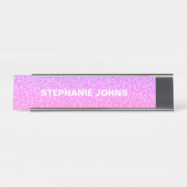 Glittery Pink White Silver Monogram Name Custom Schreibtischnamensplakette (Vorderseite )