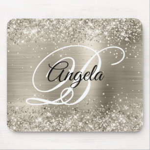 Glittery Platinum Brushed Foil Monogram Mousepad