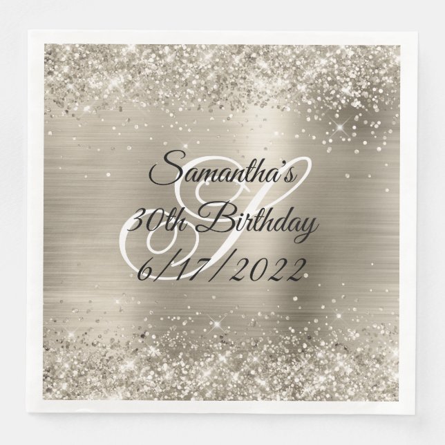 Glittery Platinum Foil Mit Monogramm 30. Geburtsta Serviette (Vorderseite)