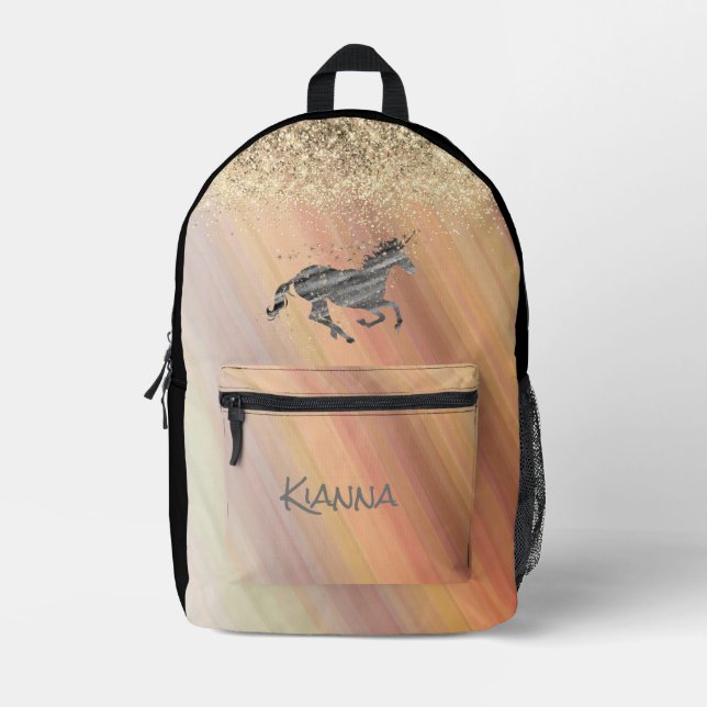 Glittery Rainbow Pastels Unicorn Personalisiert Bedruckter Rucksack (Vorderseite)