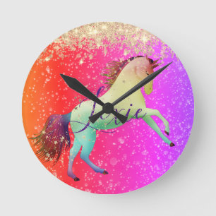 Glittery Rainbow Unicorn   Round Clock Runde Wanduhr