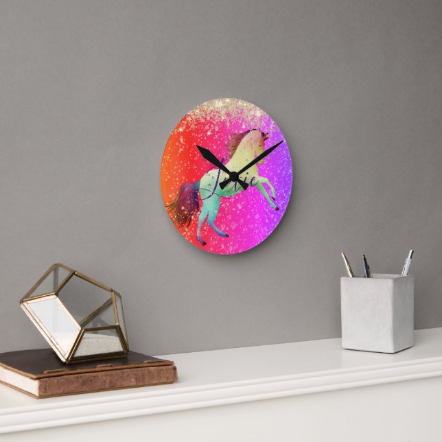Glittery Rainbow Unicorn   Runde Wanduhr (Büro)