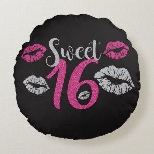 Glittery rosa silberne Küsse des Bonbon-16 Rundes Kissen