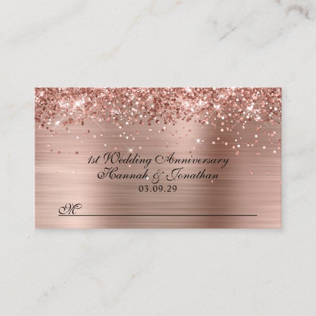 Glittery Rose Gold 1. Hochzeitstag Platzkarte (Vorderseite)