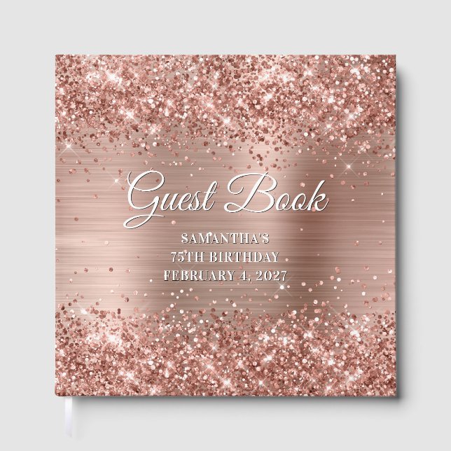 Glittery Rose Gold and White 75th Birthday Gästebuch (Vorderseite)