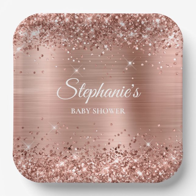 Glittery Rose Gold Baby Dusche Pappteller (Vorderseite)
