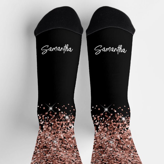 Glittery Rose Gold Black Glam Pinselstrichname Socken (Oben)