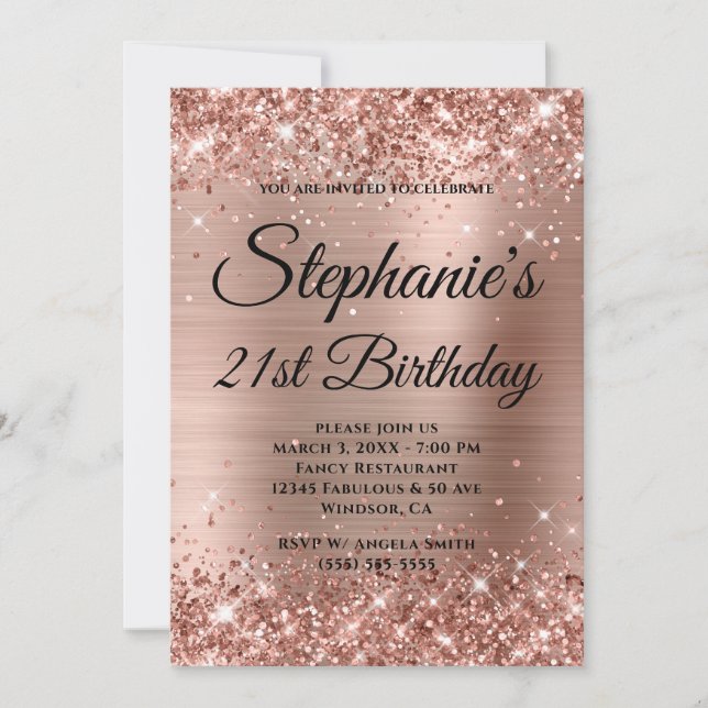 Glittery Rose Gold Extravagant Monogram 21. Geburt Einladung (Vorderseite)