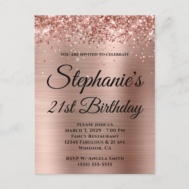 Glittery Rose Gold Extravagant Monogram 21. Geburt Einladungspostkarte (Vorderseite)