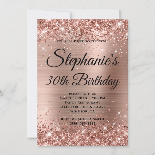 Glittery Rose Gold Extravagant Monogram 30. Geburt Einladung (Vorderseite)