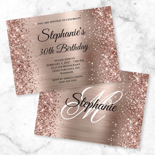 Glittery Rose Gold Extravagant Monogram 30. Geburt Einladung (Von Creator hochgeladen)