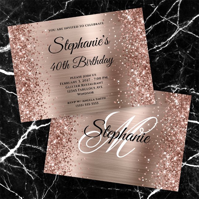 Glittery Rose Gold Extravagant Monogram 40. Geburt Einladung (Von Creator hochgeladen)