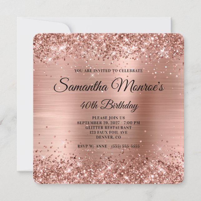 Glittery Rose Gold Extravagant Monogram 40. Geburt Einladung (Vorderseite)
