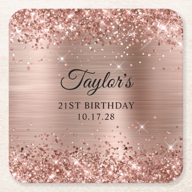 Glittery Rose Gold Foil 21st Birthday Rechteckiger Pappuntersetzer (Vorderseite)