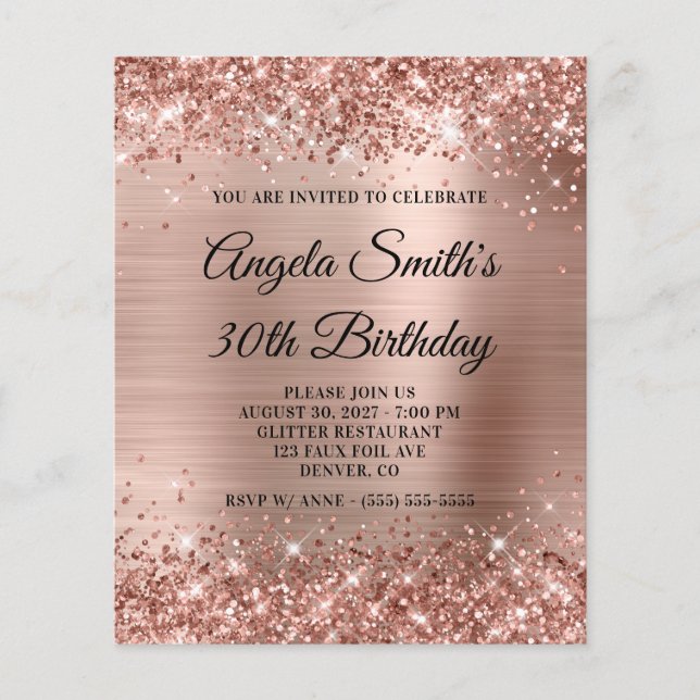 Glittery Rose Gold Foil 30. Geburtstag Einladung (Vorderseite)