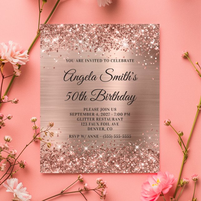 Glittery Rose Gold Foil 50. Geburtstag Einladung (Glittery Rose Gold Foil 50th Birthday Invite)