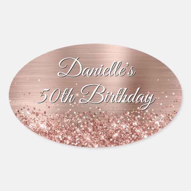 Glittery Rose Gold Foil 50. Geburtstag Ovaler Aufkleber (Vorderseite)