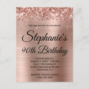Glittery Rose Gold Foil 90. Geburtstag Einladungspostkarte