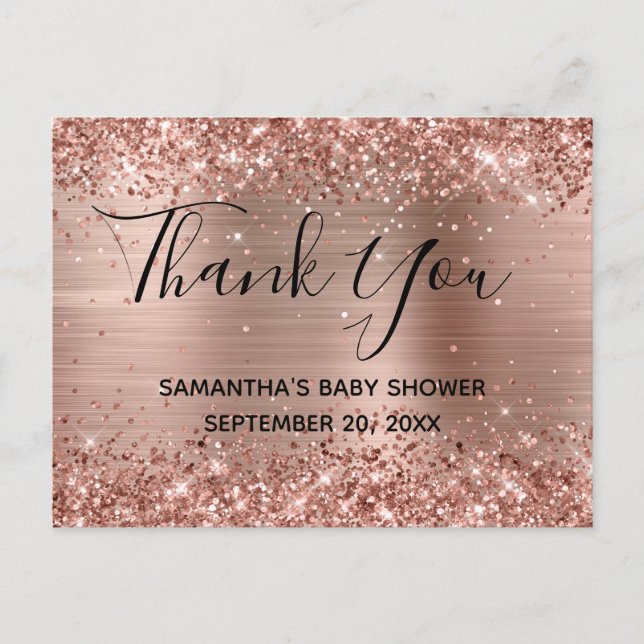 Glittery Rose Gold Foil Babydusche Vielen Dank Postkarte (Vorderseite)