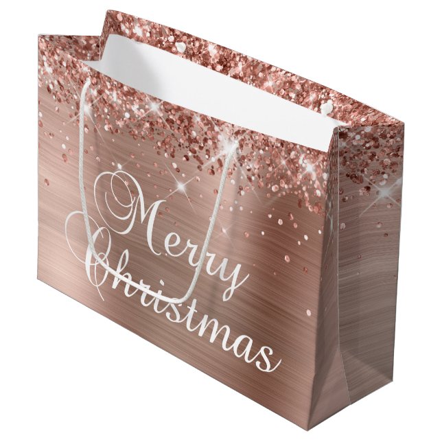 Glittery Rose Gold Foil Extravagant Frohe Weihnach Große Geschenktüte (Vorderseite Schrägansicht)
