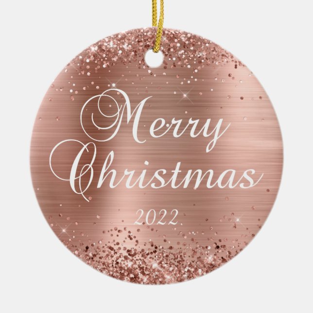 Glittery Rose Gold Foil Frohe Weihnachten Foto Keramik Ornament (Vorne)