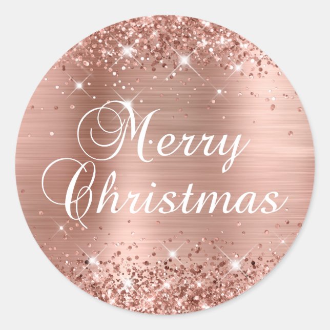 Glittery Rose Gold Foil Frohe Weihnachten Runder Aufkleber (Vorderseite)