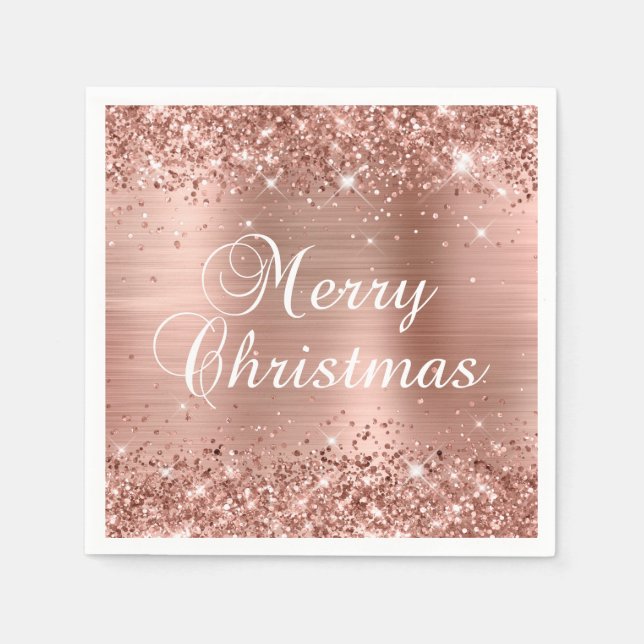 Glittery Rose Gold Foil Frohe Weihnachten Serviette (Vorderseite)