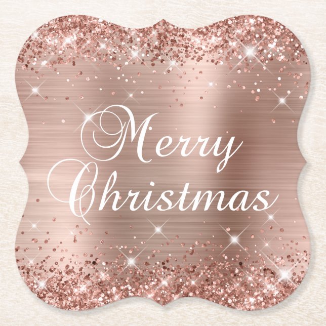 Glittery Rose Gold Foil Frohe Weihnachten Untersetzer (Vorderseite)