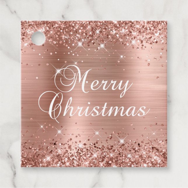 Glittery Rose Gold Foil Frohe Weihnachtsgeschenke Geschenkanhänger (Vorderseite)