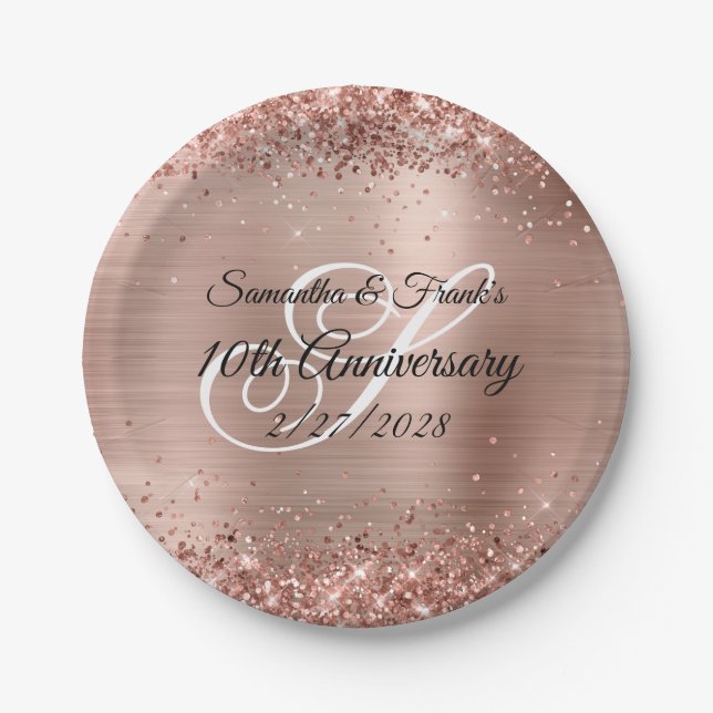 Glittery Rose Gold Foil Monogram 10 Jahre Pappteller (Vorderseite)
