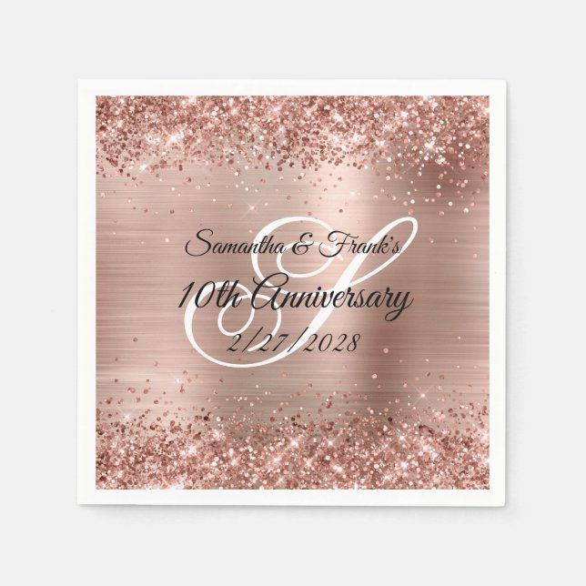 Glittery Rose Gold Foil Monogram 10 Jahre Serviette (Vorderseite)
