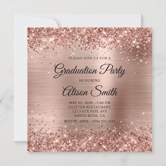 Glittery Rose Gold Foil Monogram Graduation Party Einladung (Vorderseite)