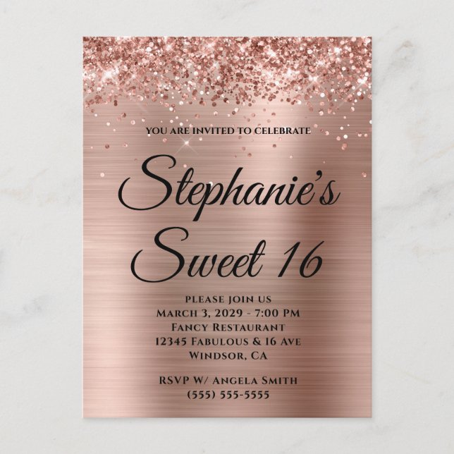 Glittery Rose Gold Foil Sweet 16 Einladungspostkarte (Vorderseite)