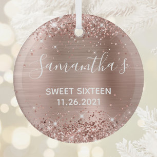 Glittery Rose Gold Foil Sweet 16 Ornament Aus Glas