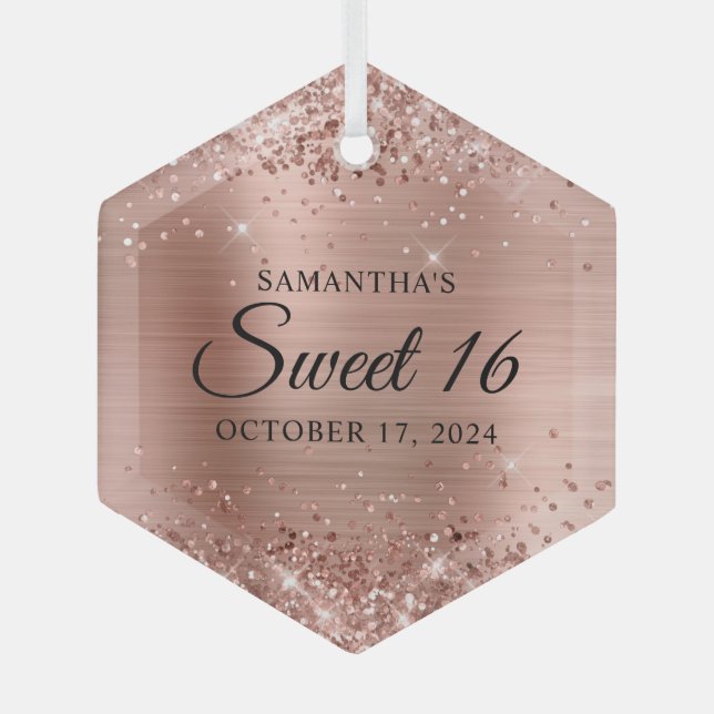 Glittery Rose Gold Foil Sweet 16 Ornament Aus Glas (Vorderseite)