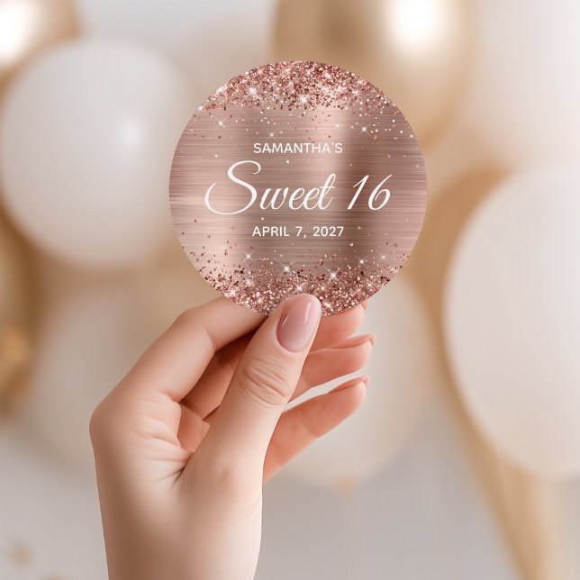 Glittery Rose Gold Foil Sweet 16 Runder Aufkleber (Glittery Rose Gold Foil Sweet 16 Classic Round Sticker)