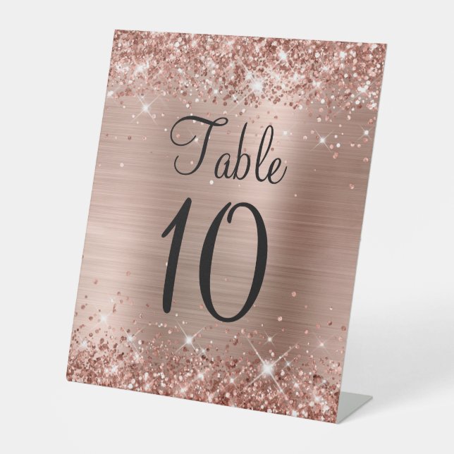 Glittery Rose Gold Foil Wedding Tischnummer Zeiche Sockelschild (Vorderseite)