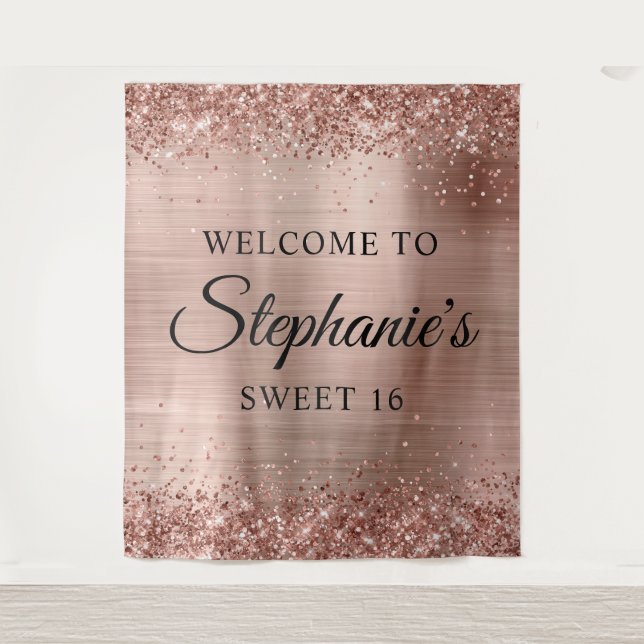 Glittery Rose Gold Foil Willkommen im Sweet 16 Wandteppich (Vorderseite)