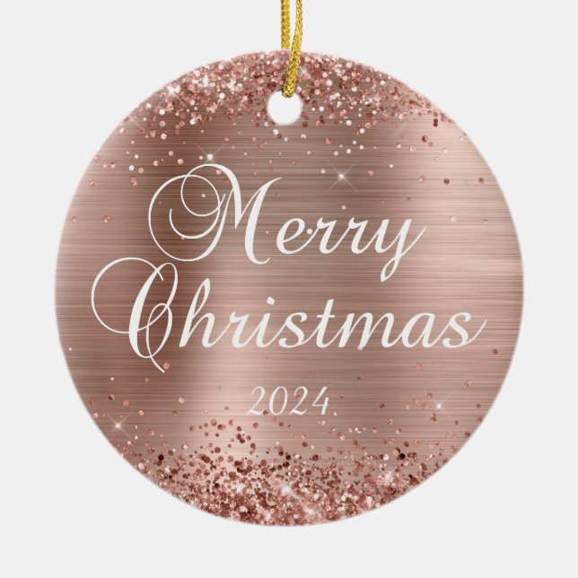 Glittery Rose Gold Frohe Weihnachtsfamilie Foto Keramik Ornament (Vorne)