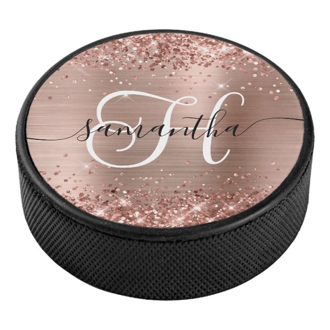 Glittery Rose Gold Glam Mit Monogramm Eishockey Puck (3/4)