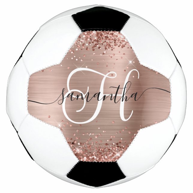 Glittery Rose Gold Glam Mit Monogramm Fußball (Vorderseite)