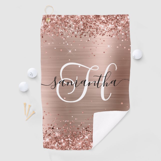 Glittery Rose Gold Glam Mit Monogramm Golfhandtuch (Insitu)