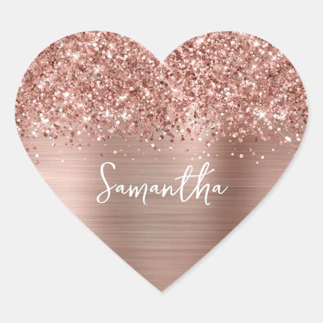 Glittery Rose Gold Glam Name Herz-Aufkleber (Vorderseite)