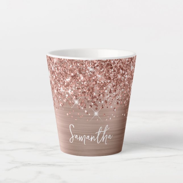 Glittery Rose Gold Glam Name Milchtasse (Vorderseite)