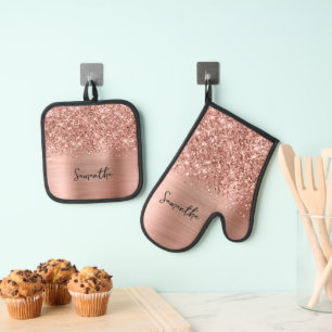 Glittery Rose Gold Glam Name Ofenhandschuh & Topflappen-Set