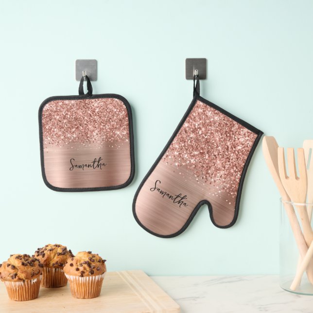 Glittery Rose Gold Glam Name Ofenhandschuh & Topflappen-Set (Insitu (Hängend))