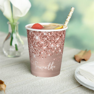 Glittery Rose Gold Glam Name Pappbecher