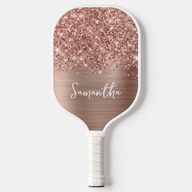 Glittery Rose Gold Glam Name Pickleball Schläger (Vorderseite)