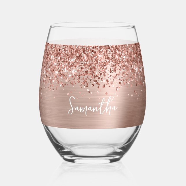 Glittery Rose Gold Glam Name Weinglas Ohne Stiel (Vorderseite)